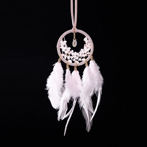 Dream catcher car mirror hanging ornament with pink feathers and rose quartz stones