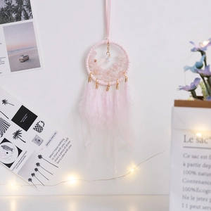 Pink feather dreamcatcher car ornament with crushed crystal stones and gold wire accents