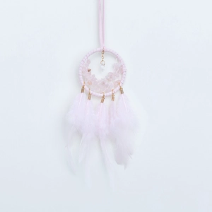 Pink dreamcatcher car pendant with natural crystals and soft feathers for interior decor