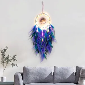 Tree Of Life Dream Catcher With LED Warm Light Purple Cyan Feathers Amethyst Gravel Handmade Bohemian Wall Hanging Decoration