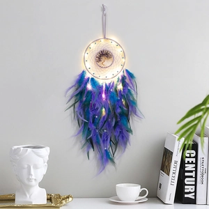 Handmade Tree of Life dream catcher with purple feathers and warm LED fairy lights