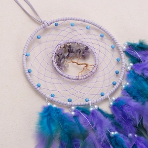 Handmade Tree of Life dreamcatcher with amethyst stones and purple cyan feathers