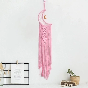 Bohemian style pink moon-shaped macrame wall hanging dreamcatcher with cotton tassels
