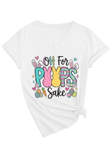 Détail du t-shirt blanc col en V avec motif de Pâques Oh For Peeps Sake et nœud latéral