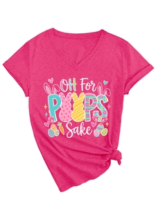 Détail d'un t-shirt à col en V avec imprimé Oh For Peeps Sake et nœud à la base