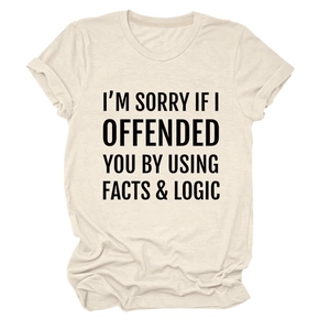Detail of cotton blend beige t-shirt with Facts & Logic slogan and rolled cuff sleeves