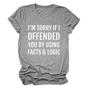 Close-up of Heather Grey cotton T-shirt featuring Facts & Logic printed slogan