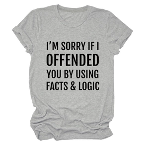 Detail of grey cotton T-shirt featuring black Facts & Logic text and rolled sleeve cuffs