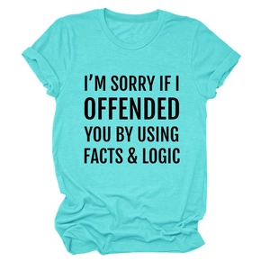 Detail of mint green cotton t-shirt with I'M SORRY IF I OFFENDED YOU printed text
