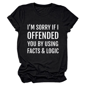 Close-up of facts and logic slogan print on black cotton crew neck short sleeve t-shirt