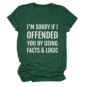Flat lay of dark green crew neck t-shirt with I'M SORRY slogan print and rolled sleeves