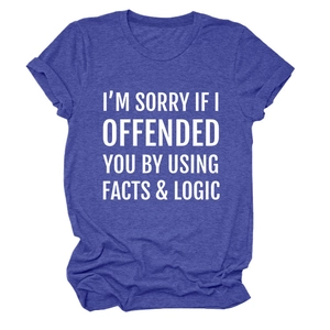 Detail of royal blue cotton T-shirt featuring white Facts & Logic slogan print
