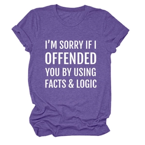 Detail of purple cotton T-shirt featuring 'Facts & Logic' bold slogan print