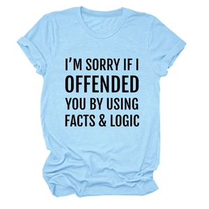 Light blue crew neck cotton T-shirt featuring bold black slogan and casual rolled sleeves