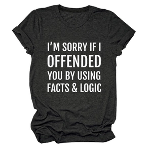 Close-up of facts and logic slogan print on dark grey cotton blend crew neck t-shirt