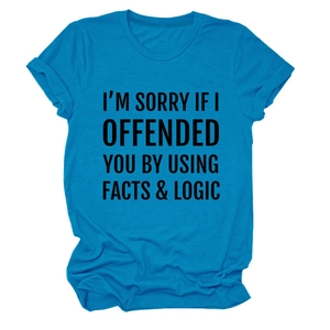 Flat lay of bright blue cotton t-shirt with black Facts and Logic quote print
