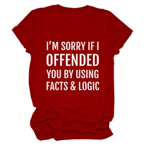 Detail of red cotton t-shirt featuring printed white facts and logic slogan