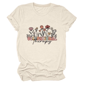 Détails des manches retroussées et imprimé floral sur le t-shirt en coton beige pour femme
