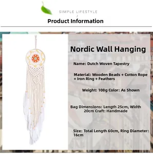 Detail of bohemian dream catcher with mandala weave, wooden beads and white feathers