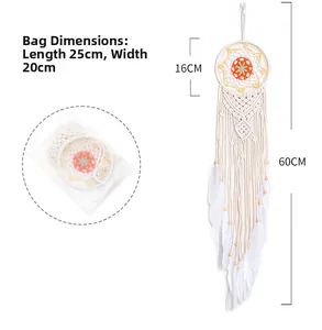 Detail showing dimensions of boho macrame dream catcher with colorful geometric patterns