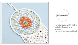 Macro detail of hand-woven cotton wall hanging with vibrant floral pattern and tight weave