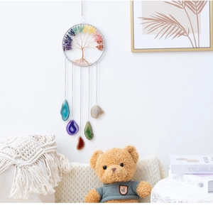 Detail showing Life of Tree wall decor with colorful gemstones and agate slices