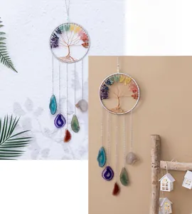 Handmade Tree of Life wall hanging with colorful crystals and natural agate slices