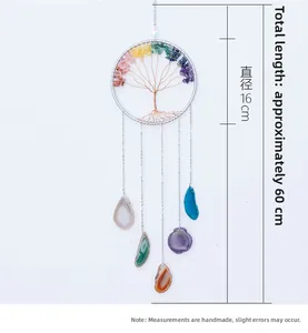 Detail of Tree of Life wall hanging with colorful crystal stones and agate slices
