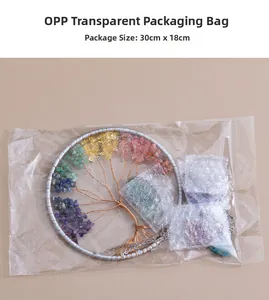 Detail view of Tree of Life crystal pendant in protective bubble packaging, size 30x18cm