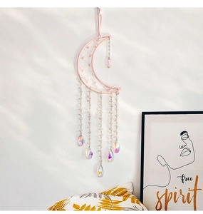 Pink crescent moon dreamcatcher with natural quartz stones and iridescent crystal drops