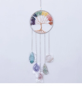 Handmade Tree of Life wall hanging with colorful crystal stones and agate slice pendants