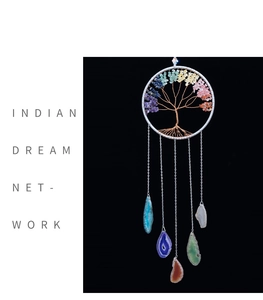 Detail of tree of life dreamcatcher with chakra stones and colorful agate slices