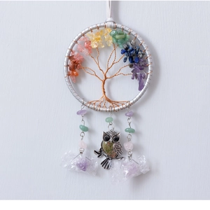 Detailed view of Tree of Life pendant with colorful gemstones and metal owl charm