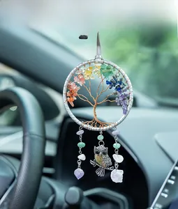 Tree of Life car ornament with colorful natural stones and a metal owl pendant detail