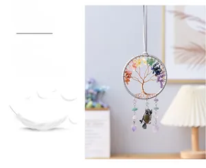Detail of life of tree dream catcher with owl pendant and multicolor gemstones