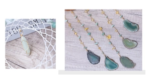 Detail of natural green agate slices and wire wrapped crystal point pendant