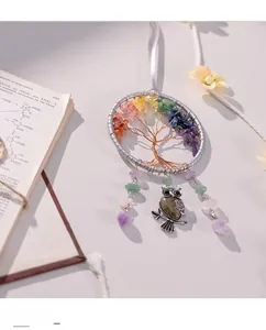 Detailed Tree of Life dreamcatcher charm with colorful gemstones and silver owl pendant