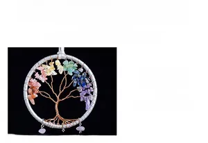 Detailed view of handmade Tree of Life owl pendant with multi-colored natural gemstones
