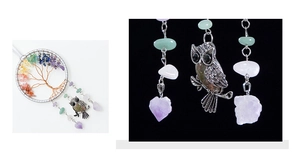 Detailed macro view of handcrafted tree of life crystal owl pendant with natural gemstones