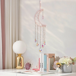 Handmade Rose Quartz Moon Dreamcatcher Suncatcher Iridescent Crystal Waterdrop Pendants Boho Wall Hanging Home Decor