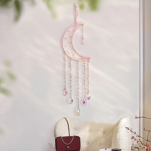 Pink quartz moon dream catcher with tree of life crystals and holographic teardrops
