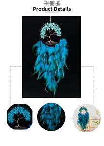 Détails de décoration murale arbre de vie avec pierres turquoises et plumes bleues