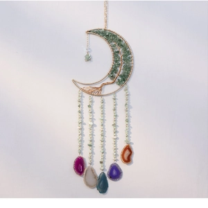 Moon-shaped dream catcher with green aventurine tree of life and colorful agate slices