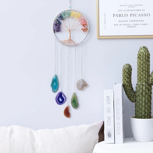 Life of Tree wall hanging with colorful crystals and polished agate stone slices