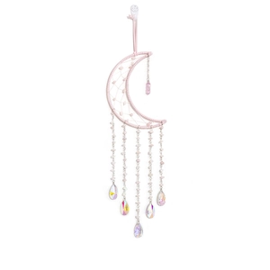 Pink moon-shaped dream catcher with natural crystal stones and hanging teardrop pendants