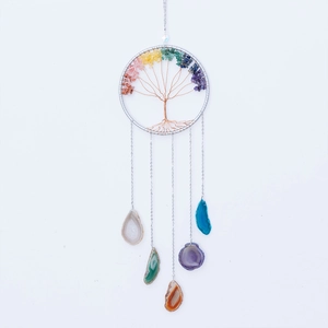 Handmade Tree of Life wall hanging with colorful crystal stones and agate slice pendants