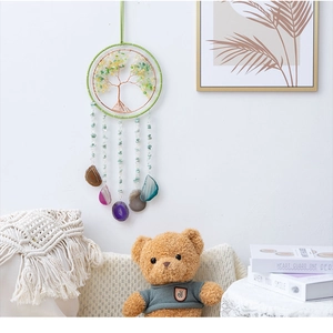 Detailed Tree of Life wall hanging with green crystals and colorful agate slices