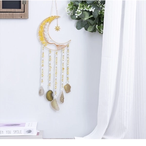 Bohemian gold crescent moon wall hanging with citrine stones and agate slice pendants