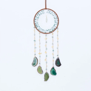 Natural agate slice dream catcher wall hanging with green gemstones and golden chains