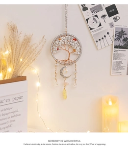 Handmade Tree of Life wall hanging with white crystals and silver crescent moon charm